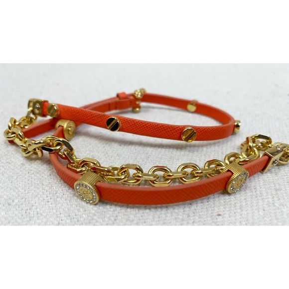 Henri Bendel Leather Wrap Bracelet orange gold studs - Picture 2 of 7